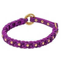 Geflochtenes Zugstopp-Halsband La Donna aus Fettleder in Lila mit Nieten und Ringen aus Messing