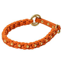 Geflochtenes Zugstopp-Halsband La Donna aus Fettleder in Orange mit Nieten und Ringen aus Messing
