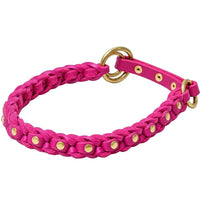 Geflochtenes Zugstopp-Halsband La Donna aus Fettleder in Pink mit Nieten und Ringen aus Messing