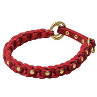 Geflochtenes Zugstopp-Halsband La Donna aus Fettleder in Rot mit Nieten und Ringen aus Messing