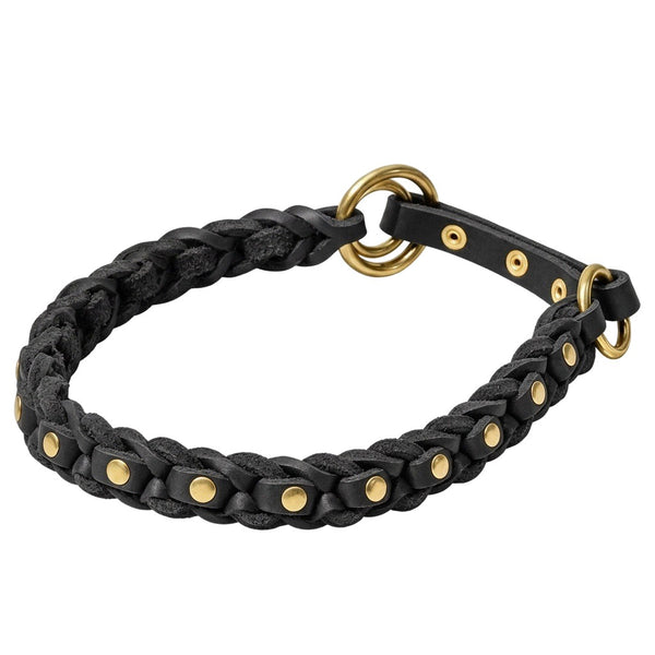 Geflochtenes Zugstopp-Halsband La Donna aus Fettleder in Schwarz mit Nieten und Ringen aus Messing