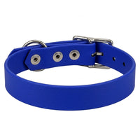 Biothane-Halsband in Blau von hinten mit drei Nieten, D-Ring und Dornschnalle aus Chrom