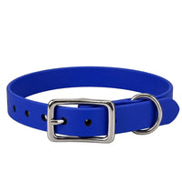 Biothane-Halsband in Blau mit rechteckiger Dornschnalle und D-Ring aus Chrom, Vorderansicht