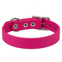 Biothane-Halsband in Himbeer von hinten mit drei Nieten, D-Ring und Dornschnalle aus Chrom