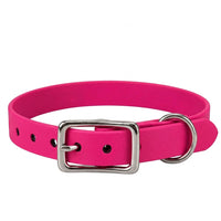Biothane-Halsband in Himbeer mit rechteckiger Dornschnalle und D-Ring aus Chrom, Vorderansicht