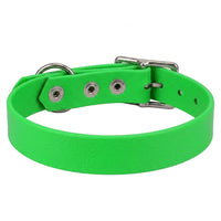Biothane-Halsband in Neon-Grün von hinten mit drei Nieten, D-Ring und Dornschnalle aus Chrom