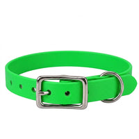 Biothane-Halsband in Neon-Grün mit rechteckiger Dornschnalle und D-Ring aus Chrom, Vorderansicht