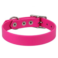 Biothane-Halsband in Neon-Pink von hinten mit drei Nieten, D-Ring und Dornschnalle aus Chrom