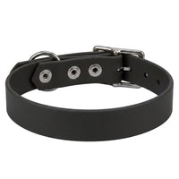 Biothane-Halsband in Schwarz von hinten mit drei Nieten, D-Ring und Dornschnalle aus Chrom