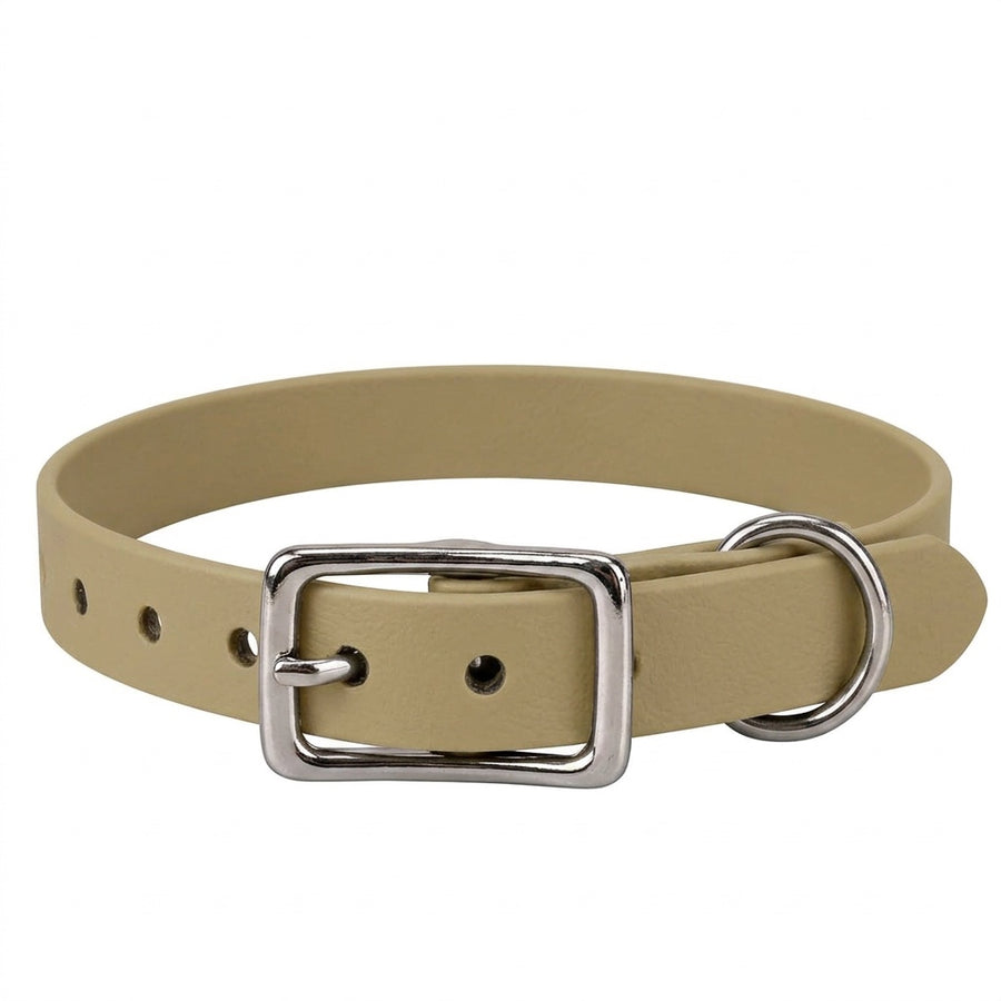Biothane-Halsband in Tan mit rechteckiger Dornschnalle und D-Ring aus Chrom, Vorderansicht