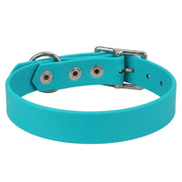 Biothane-Halsband in Türkis von hinten mit drei Nieten, D-Ring und Dornschnalle aus Chrom