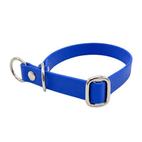 Biothane-Halsband in Blau mit Zugstopp, D-Ring und Gleitring aus Chrom, seitliche Ansicht