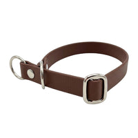 Biothane-Halsband in Dunkelbraun mit Zugstopp, D-Ring und Gleitring aus Chrom, seitliche Ansicht
