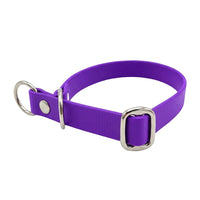 Biothane-Halsband in Lila mit Zugstopp, D-Ring und Gleitring aus Chrom, seitliche Ansicht