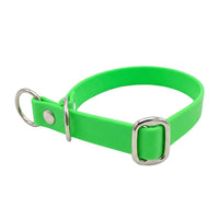 Biothane-Halsband in Neon-Grün mit Zugstopp, D-Ring und Gleitring aus Chrom, seitliche Ansicht