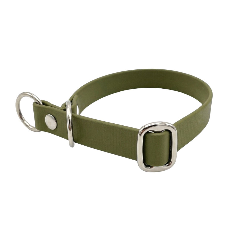 Biothane-Halsband in Oliv mit Zugstopp, D-Ring und Gleitring aus Chrom, seitliche Ansicht