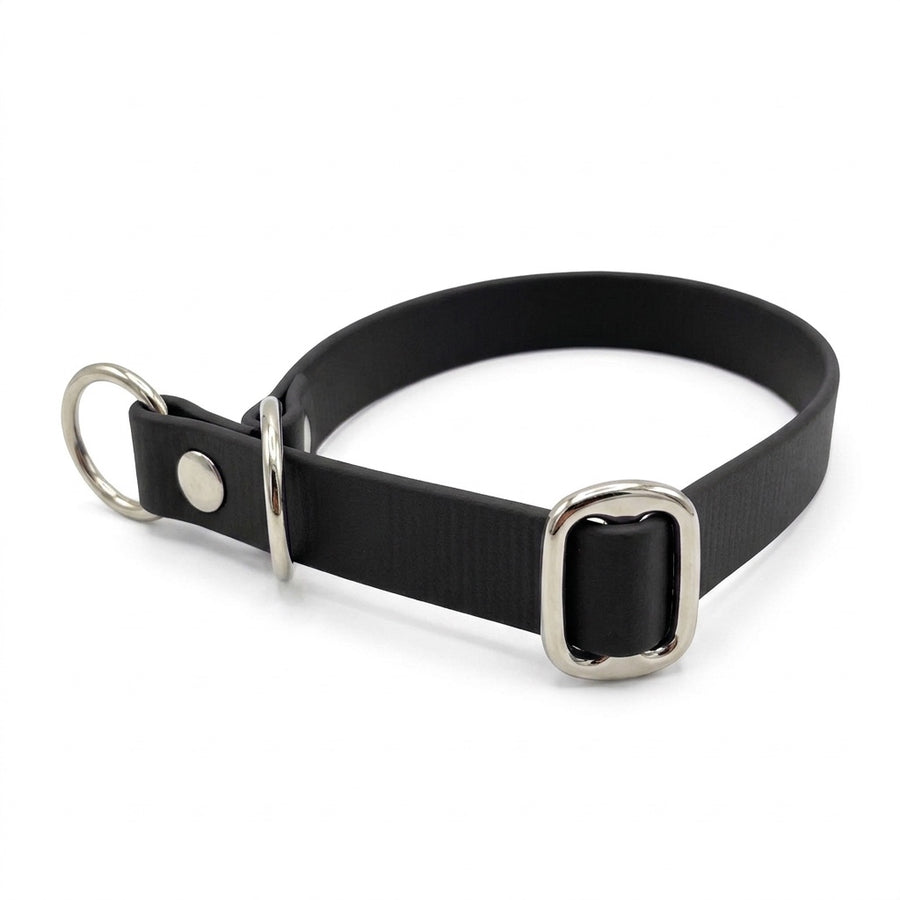 Biothane-Halsband in Schwarz mit Zugstopp, D-Ring und Gleitring aus Chrom, seitliche Ansicht