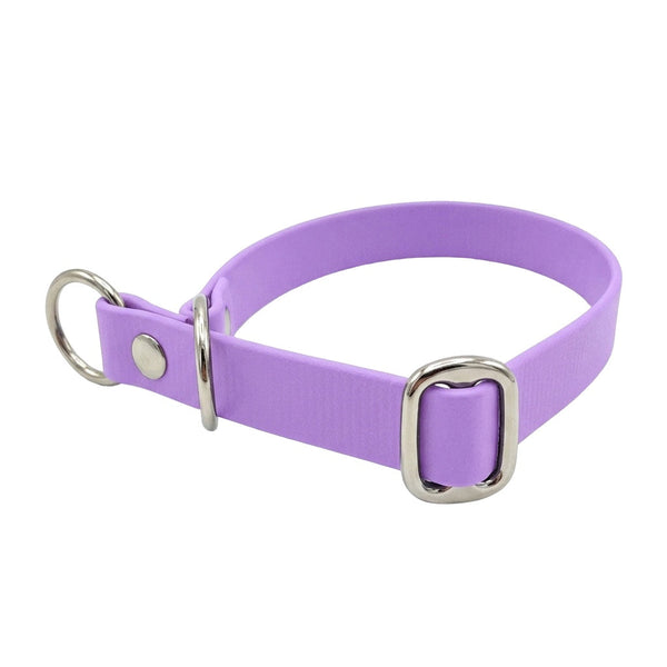 Zugstopp-Halsband aus Biothane in Flieder, D-Ring und Gleitring aus Chrom, Seitenansicht