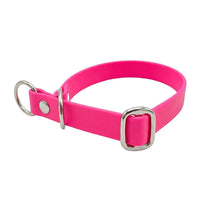Zugstopp-Halsband aus Biothane in Neon-Pink, D-Ring und Gleitring aus Chrom, Seitenansicht
