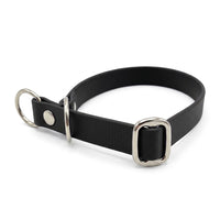 Zugstopp-Halsband aus Biothane in Schwarz, D-Ring und Gleitring aus Chrom, Seitenansicht