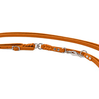 Detail: Karabinerhaken, Ringe und Flechtung am Verbindungsstück der Jagdleine in Cognac