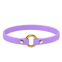 Leichtes Biothane-Halsband in Flieder mit goldfarbenem O-Ring und silbernen Nieten auf weißem Grund