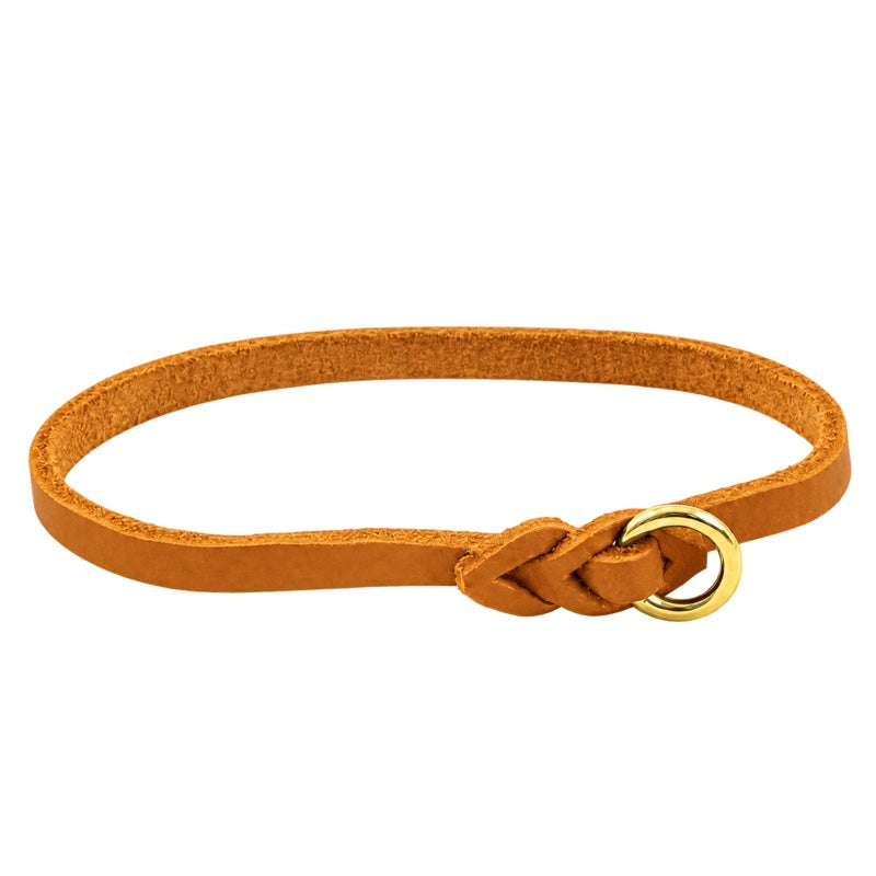 Leichtes Halsband aus Fettleder in Cognac, geflochtener Abschluss mit Messingring
