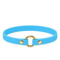 Leichtes Biothane-Halsband in Azur mit O-Ring und Nieten aus Messing auf weißem Grund