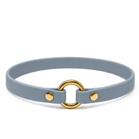 Leichtes Biothane-Halsband in Grau mit O-Ring und Nieten aus Messing auf weißem Grund