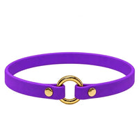 Leichtes Biothane-Halsband in Lila mit O-Ring und Nieten aus Messing auf weißem Grund