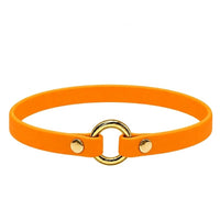 Leichtes Biothane-Halsband in Mandarine mit O-Ring und Nieten aus Messing auf weißem Grund