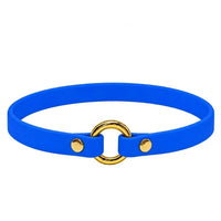 Leichtes Biothane-Halsband in Mittelblau mit O-Ring und Nieten aus Messing auf weißem Grund