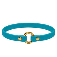 Leichtes Biothane-Halsband in Petrol mit O-Ring und Nieten aus Messing auf weißem Grund