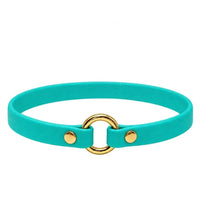 Leichtes Biothane-Halsband in Türkis mit O-Ring und Nieten aus Messing auf weißem Grund