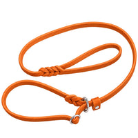 Moxonleine aus Fettleder in Orange, geflochtene Schlaufen und Zugstopp mit Chromringen