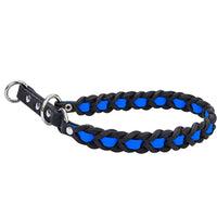 Zugstop-Halsband Melange aus schwarzem Fettleder mit eingeflochtenem Biothane in Blau