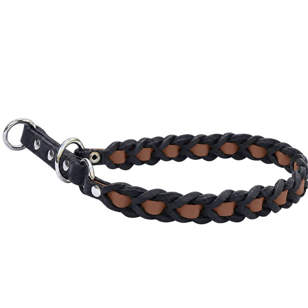 Zugstop-Halsband Melange aus schwarzem Fettleder mit eingeflochtenem Biothane in Dunkelbraun