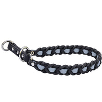 Zugstop-Halsband Melange aus schwarzem Fettleder mit eingeflochtenem Biothane in Grau