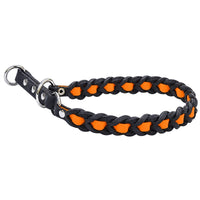 Zugstop-Halsband Melange aus schwarzem Fettleder, eingeflochtenes Biothane in Orange, Ringe silberfarben