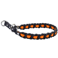 Zugstop-Halsband Melange aus schwarzem Fettleder mit eingeflochtenem Biothane in leuchtendem Orange