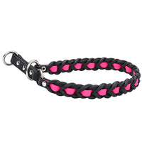 Zugstop-Halsband Melange aus schwarzem Fettleder und Biothane in Neon-Pink mit silberfarbenen Ringen