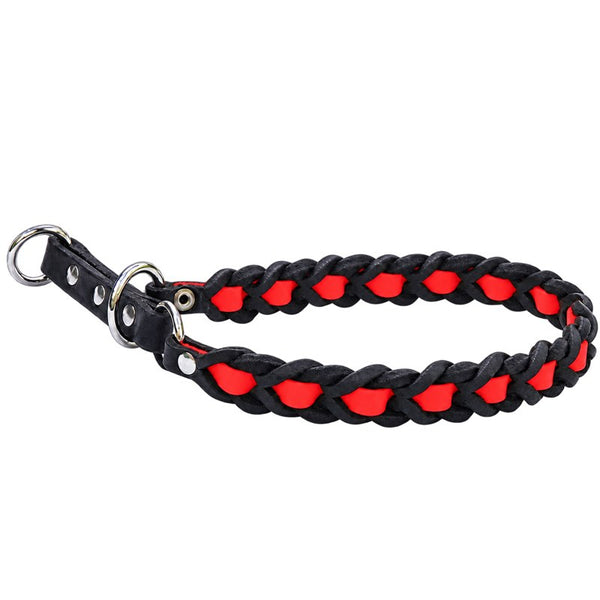 Zugstop-Halsband Melange aus schwarzem Fettleder mit eingeflochtenem Biothane in Rot