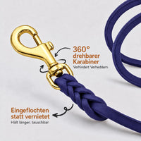 Detail: drehbarer Messingkarabiner mit eingeflochtenem Ende an Fettleder-Verlängerungsleine in kräftigem Blau