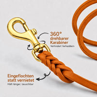 Detail: drehbarer Messingkarabiner mit eingeflochtenem Ende an Fettleder-Verlängerungsleine in kräftigem Orange