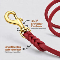 Detail: drehbarer Messingkarabiner mit eingeflochtenem Ende an Fettleder-Verlängerungsleine in Rot
