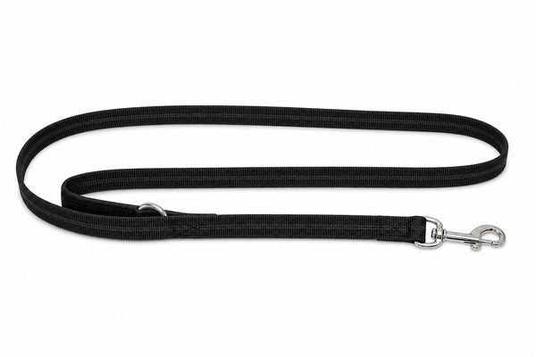 Einfache Nylonleine in Schwarz mit grauen Gummistreifen, Handschlaufe, Ring und silberfarbenem Karabiner
