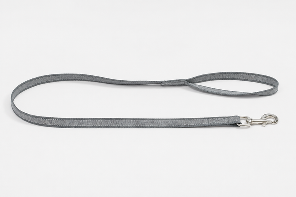 Führleine Nylon in Grau mit Handschlaufe und silbernem Karabiner, gestreckt auf hellem Grund