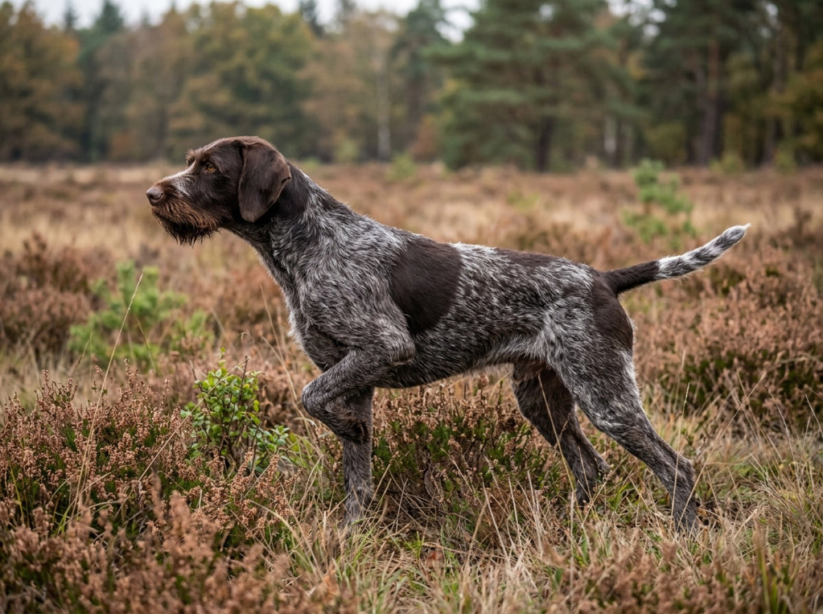 Deutsch Drahthaar steht in der Heide vor, ohne Leine, mit angehobener Vorderpfote