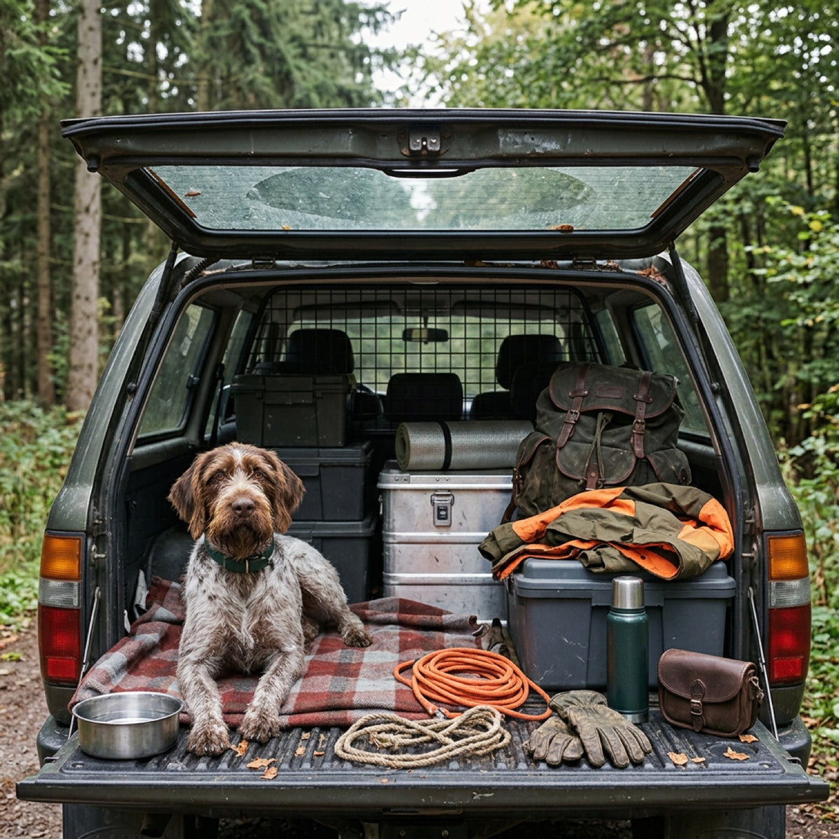 Jagdhund sitzt im Kofferraum neben Decke, Riemen, Handschuhen und Thermoskanne