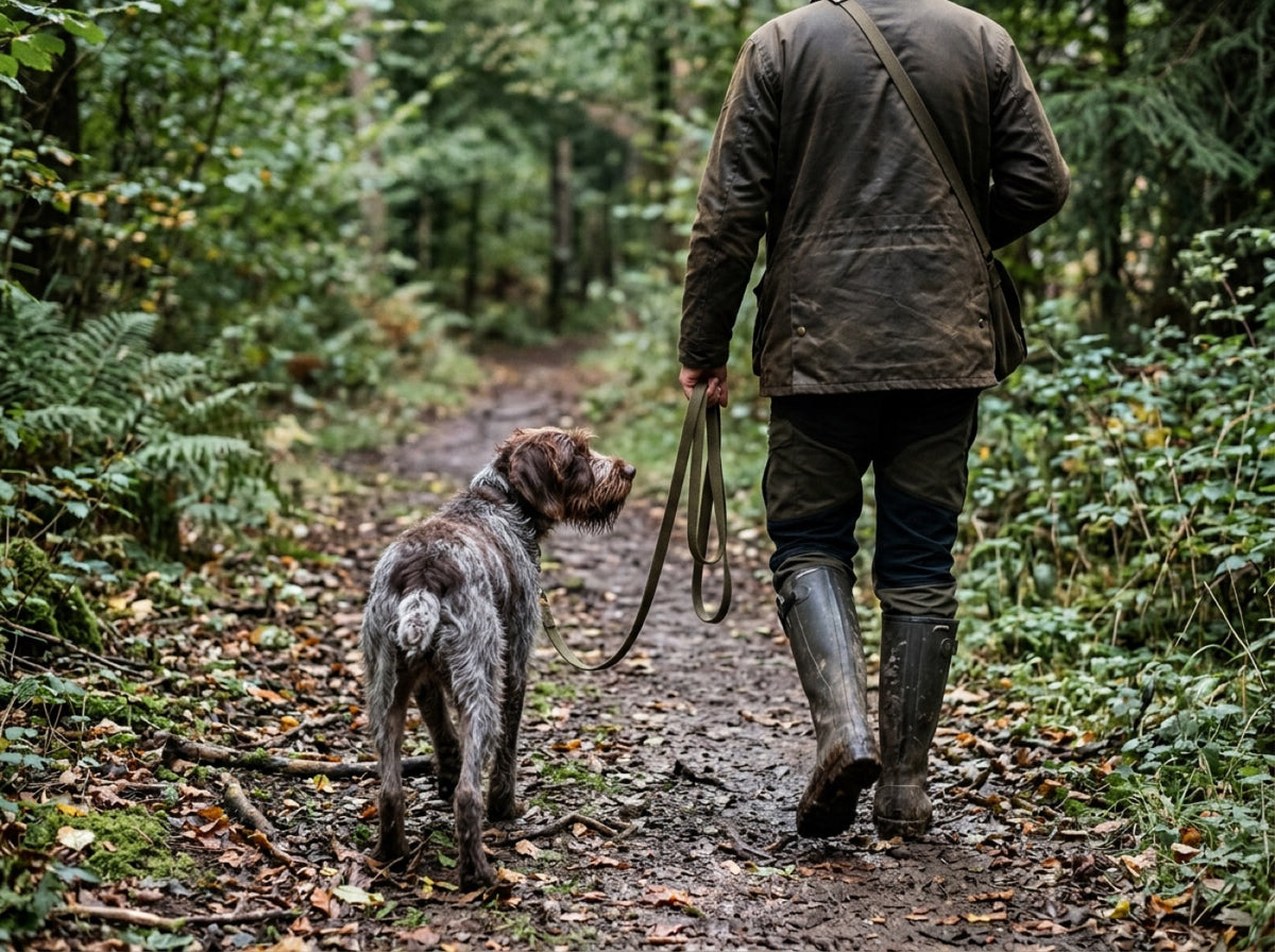 Jagdhundeführer geht mit einem Deutsch Drahthaar an der Leine über einen Waldweg im Herbst